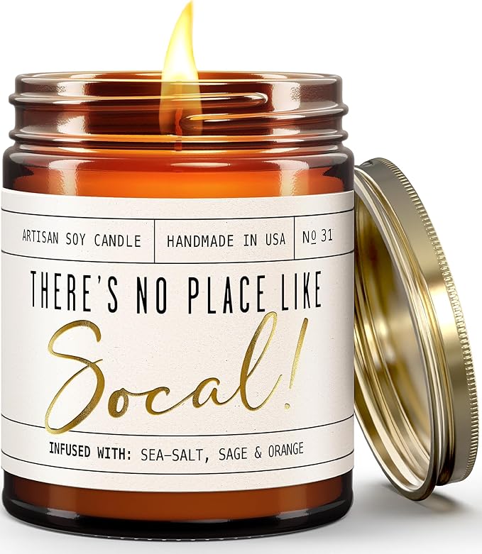 California Gifts, California Decor for Home - 'There's No Place Like SoCal Candle, w/Seasalt, Eucalytpus, Sage & Redwood I California Souvenirs State Gifts I 9oz Jar, 50Hr Burn, USA Made