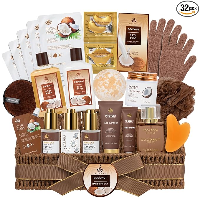 Gifts for Women & Men, 32 Pcs Coconut Vanilla Spa Gift Basket Set for Women & Men, Hydrating Face Skin Care Gift Set, Bath & Body Gift Basket Kit, Home Spa, Birthday, Christmas, Anniversary, Wife, Dad
