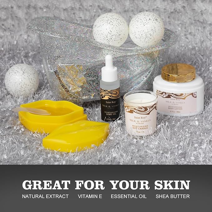 Spa Gift Basket, beauty bath kit Mother Day Gifts for Women, Bath and Body Almond Milk Vanilla Spa Gifts for Women, Bath Gift Set Christmas, Scent Lotion, Lip Mask, Birthday Holiday Bridal Shower