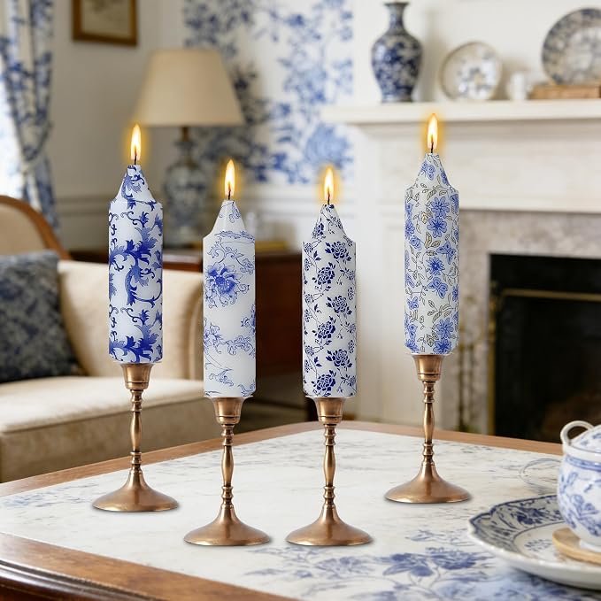 5 Inch Blue and White Short Taper Candles Hand Poured Smokeless Unscented Porcelain Style Chinoiserie Floral Candles for Wedding Nautical Dinner Home Decor Housewarming Gift Mother's Day Meditation