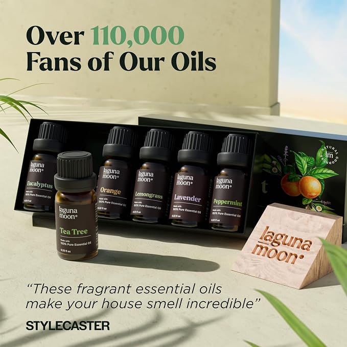 Lagunamoon Essential Oils Aromatherapy Set - 6 Oils for Diffusers, Home Care, Candle Making Scents, Fragrance, Humidifiers, Gifts - Peppermint, Tea Tree, Lavender, Eucalyptus, Orange (10mL)