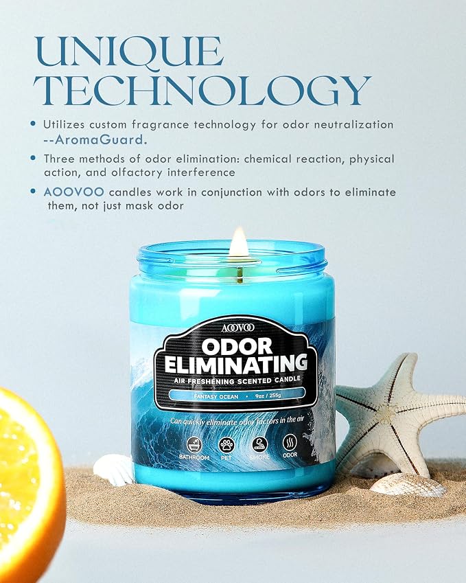 AOOVOO 4 Pack Fantasy Ocean/Green Apple Odor Eliminating Highly Fragranced Candle - Eliminates 95% of Pet, Smoke, Food, and Other Smells Quickly, Non Toxic Air Freshing Soy Candle