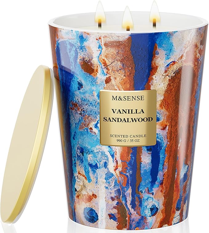 M&SENSE Soy Vanilla Sandalwood Scented Candle, Large, 35oz | 150 Hours, 3-Wick, Non-Toxic, Warm Cozy Housewarming Gift Home Relaxation