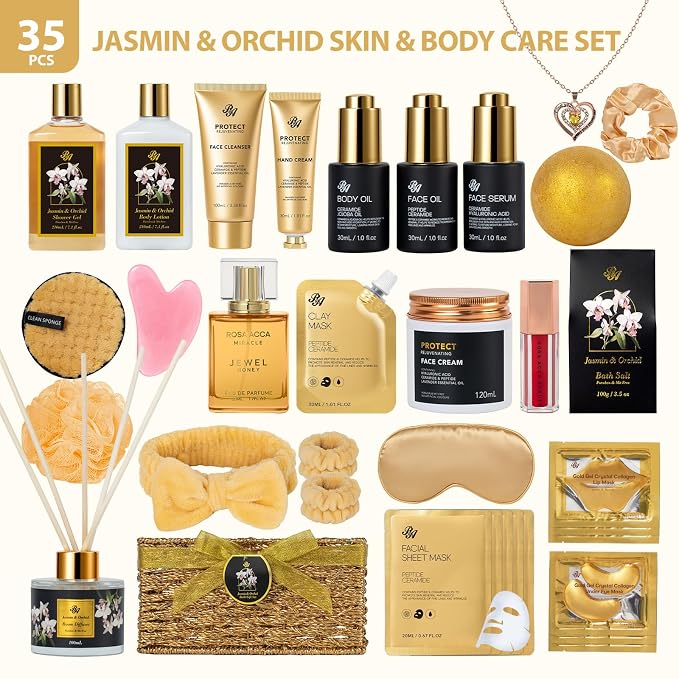 35 Pcs Mothers Day Gifts for Mom, Orchid Spa Gift Basket for Women, Self-Care Relaxation Kit, Face Skin Care Set, Bath & Body Care Set, Bath Bomb, Birthday, Christmas, Anniversary,Wife