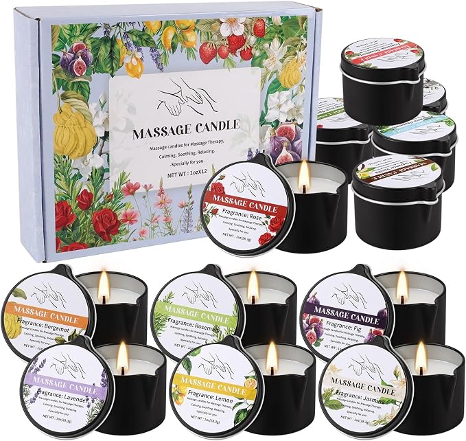 12-Pack Massage Candle Set - Low Temperature Soy Wax Melts into Silky Smooth Massage Oil, 1oz Aromatherapy Candles for Couples, Home Spa, Relaxation & Romantic Gifts (12 Scents)