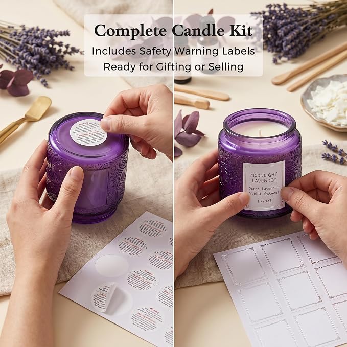10 oz Purple Sun Moon Stars Candle Jars with Metal Lids, 9 Pack | Patented Embossed Design, Includes Wick Centering Devices & Warning Labels, Multiple Color Options
