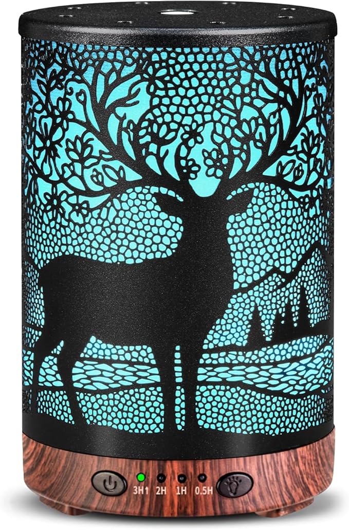 Essential Oil Diffuser 120ML Metal Aromatherapy Diffuser with Timer, Cool Mist Humidifier with Auto Shut-Off & 7 Color Lights for Home Office Spa (Forest Deer)