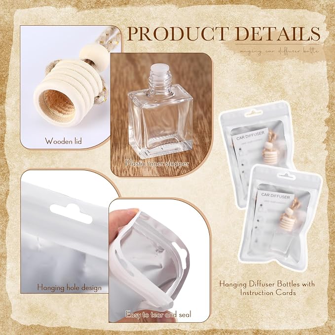 Boao 150 Sets Hanging Car Air Freshener Diffuser Bottles with Instruction Card and 4 x 6'' Resealable Holographic Bag for Empty Car Essential Oil Perfume Bottles Packaging (Cube)