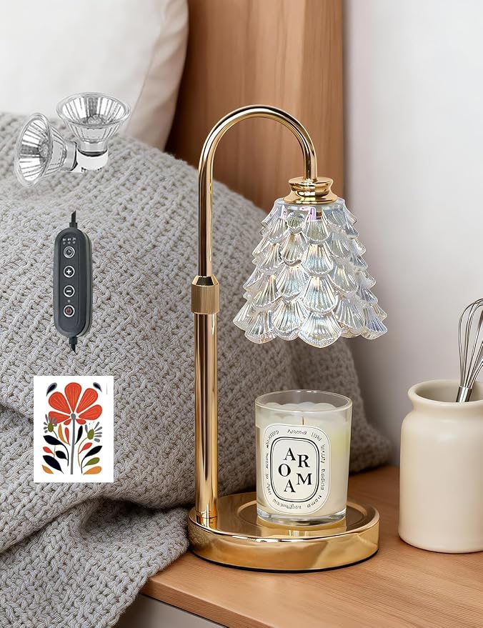 Candle Warmer Lamp, Flower Glass Candle Lamp with Timer, Birthday Gifts for Mom Women, Dimmable Height Adjustable Home Gifts, Home Decor for Home Bedroom Office Fragrance (White Flower)