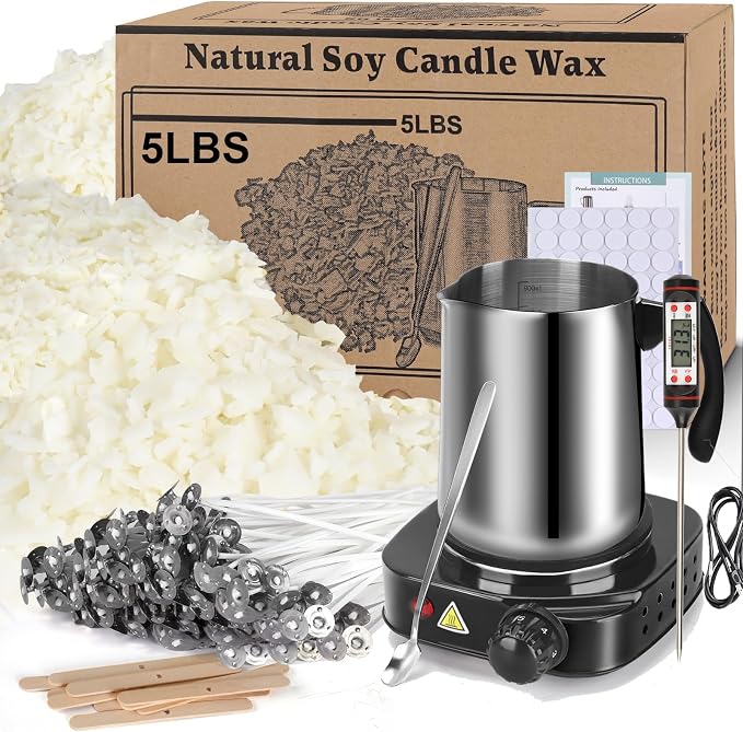 Soy Wax Candle Making Kit Supplies With Wax Melter, Natural Candle Wax For Candle Making, DIY Art&Crafts Kit for Adults,Beginner, Including 5lbs Soy Wax Flakes, Electric Stove,Candle Wick,Melting Pot