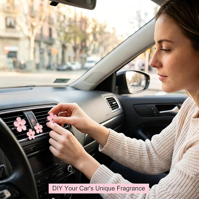 6 Pcs Pink Daisy Car Vent Clip Essential Oil Diffuser | Comes with unscented cotton pads, refillable, cute decor for car, bedroom and bathroom as gift
