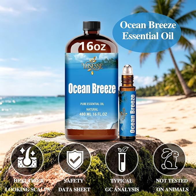 Ocean Breeze Essential Oil, Ocean Breeze Oil 16 Fl Oz 480ml for Diffuser Yoga Soap & Candle Making – with 0.33 Oz Roller Ball & Funnel YHSESSE Essential Oils