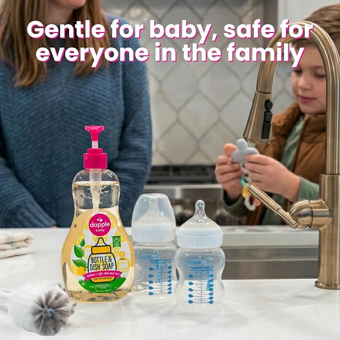 Dapple Baby Fresh Citrus Bottle & Dish Soap - (4 Pack) 16.9 fl oz - Cleans Baby Bottles, Sippy Cups, Pacifiers, Breast Pumps, & More - Gently Removes Milk Film & Odors - Includes 1 Pump