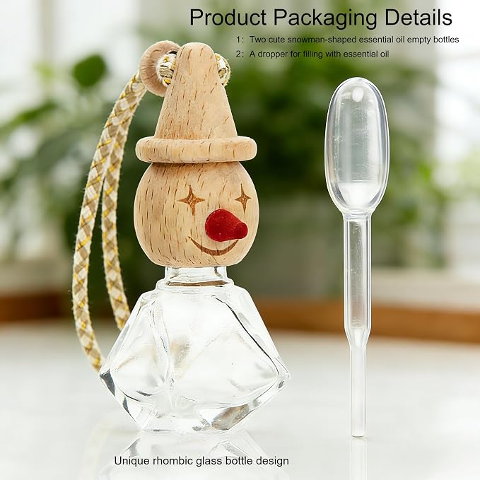 2 Pack Snowman Glass Hanging Car Rearview Mirror Diffuser Bottles | Wood lids & droppers included, refillable empty bottles for car closet bathroom home aromatherapy decor