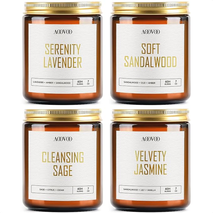 AOOVOO Candle Set - 4PC Scented Candles, 28 oz Soy Candles, Soy Candle for Home Scented, Lavender/Sandalwood/Jasmine/Sage