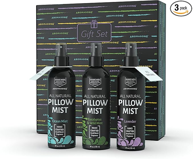 Aromasong All Natural Pillow Spray Holiday Gift Pack of Lavender, Ocean Mist, and Eucalyptus Included - Calming Linen & Bedtime Natural Essential Oil Mist Spray for Sleeping