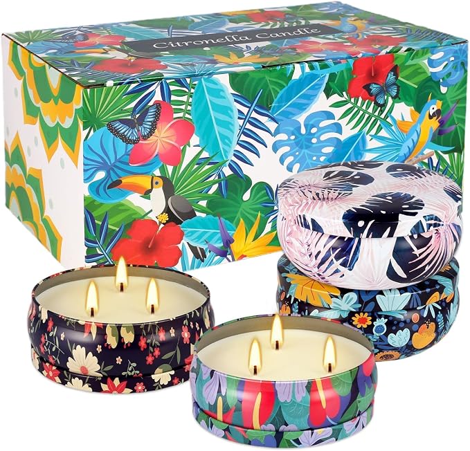 Tropical Printed Citronella Candles, Set of 4 x 13.5 oz Large Scented Candles with Natural Cotton Wicks - Made with Natural Soy Wax, for Home, Patio, Garden, Camping or as a Summer Housewarming Gift