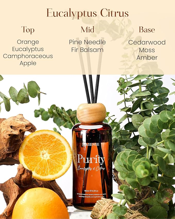 M&SENSE Eucalyptus Citrus Reed Diffuser: Upgraded Formula 6.3 fl oz Non-Toxic Aroma Set with Sticks, Long-Lasting Natural Essential Oil Gifts for Home, Bedroom