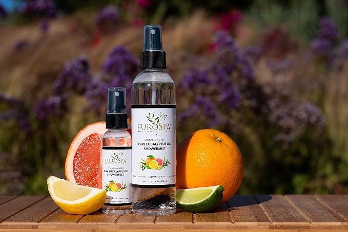 EuroSpa Aromatics Pure Eucalyptus Oil ShowerMist and Steam Room Spray, All-Natural Premium Aromatherapy Essential Oils - Citrus Infused, 2oz