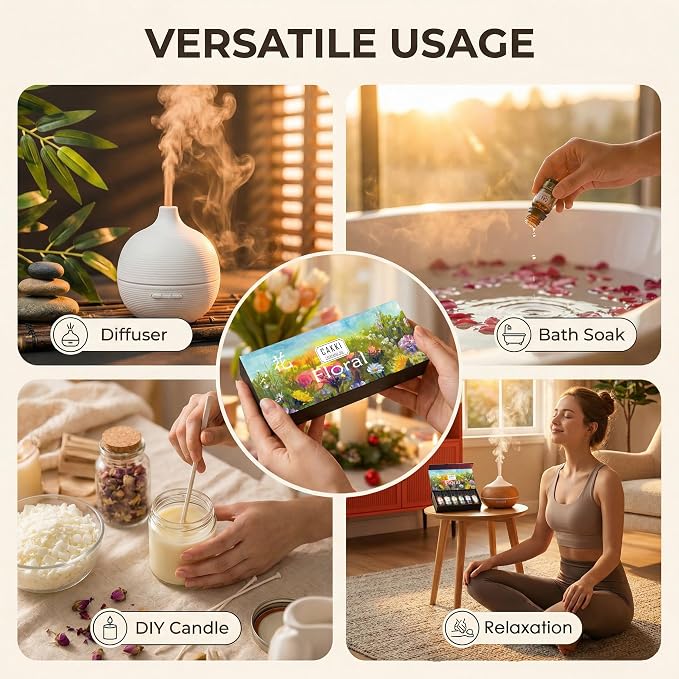 CAKKI Essential Oils for Diffusers for Home, Floral Fragrance Oils Set, 6x10ml, Rose, Lavender, Chamomile, Eucalyptus, Orange Blossom, Jasmine, Aromatherapy Oils, for Candles Making, for Humidifiers