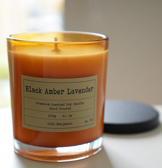 100% Natural Soy Wax Candle by CoCo Benjamin - Highly Scented & Hand-Poured Luxury Candle (Black Amber Lavender) - Clean Burning Cotton Wick