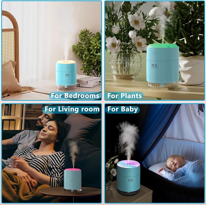 SZO Portable Mini Humidifier, 500ML USB Personal Cool Mist Humidifiers for Bedroom Office Travel Desk, Whisper Quiet 20dB with 2 Mist Modes & Auto Shut-Off, Small Desktop Humidifier（WSQ02 Blue）