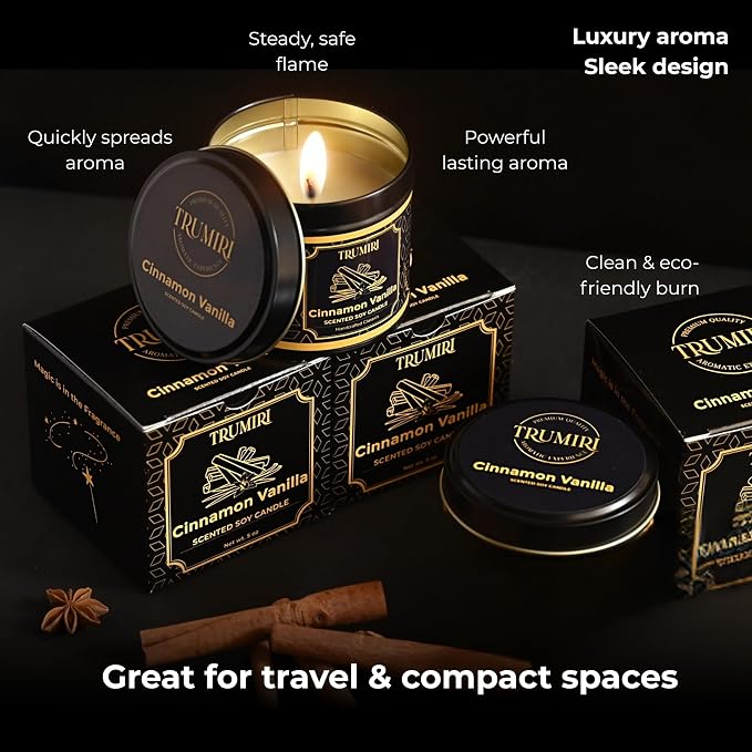 Vanilla Candle with Cinnamon Strong Scented Soy Candel Clean Non Toxic Velas Aromáticas for Women Gift for Fall Christmas Holidays Pack of 3 5Oz Decorative Tin Jars with Lids