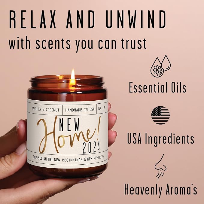 House Warming Gifts New Home, Housewarming Gifts New Home - 'New Home 2024' Soy Candle, w/Vanilla, Coconut & Vetiver I for New House, New Home Gifts I 9oz Jar, 50Hr Burn, Made in USA