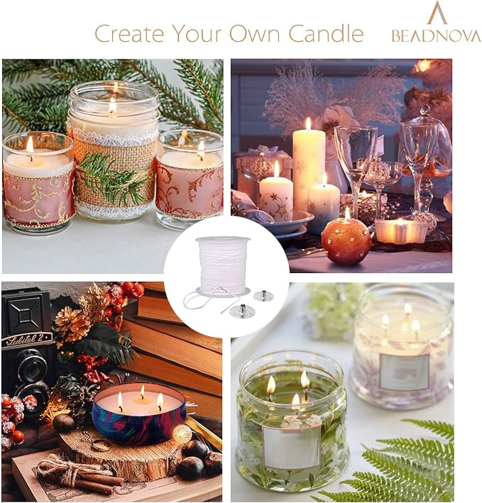 BEADNOVA Braided Candle Wick Spool with Base Set 200 ft Cotton Candle String Roll and 300pcs Wick Clips Sustainer Tabs for Making DIY