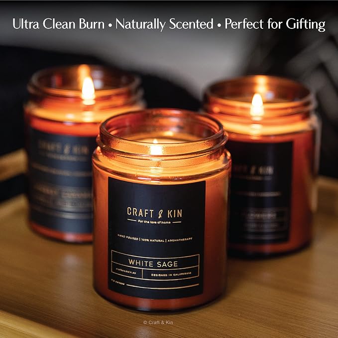 Craft & Kin Premium White Sage Scented Candle – Long Lasting, 45 Hour Burn Time – Luxury Natural Soy Scented Candle – Room Decor and Aromatherapy – 8 oz