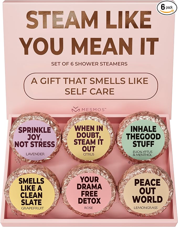 MESMOS Shower Steamers Aromatherapy 6pack Gift Set, Self Care Gifts for Women, Essential Oil Shower Bombs, Spa Stress Relief Birthday Kit. Lavender Eucalyptus Menthol Rose Citrus Grapefruit Lemongrass