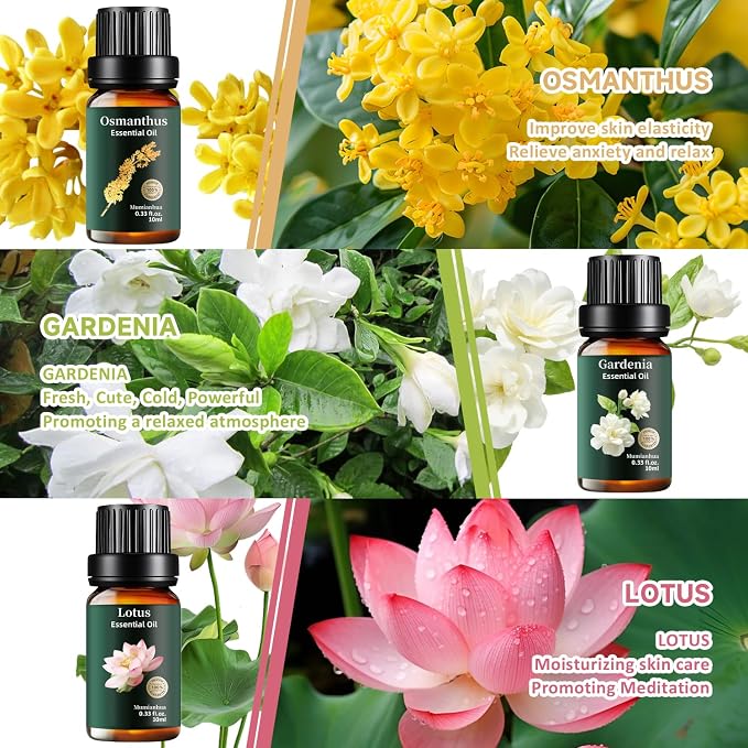 Floral Essential Oils Set 12x10ml, Pure Rose Jasmine Lavender Ylang Ylang Gardenia Freesia Osmanthus Lily Lotus Magnolia Geranium Clove – Aromatherapy for Diffuser, Skin, Hair, Candle & Soap Making