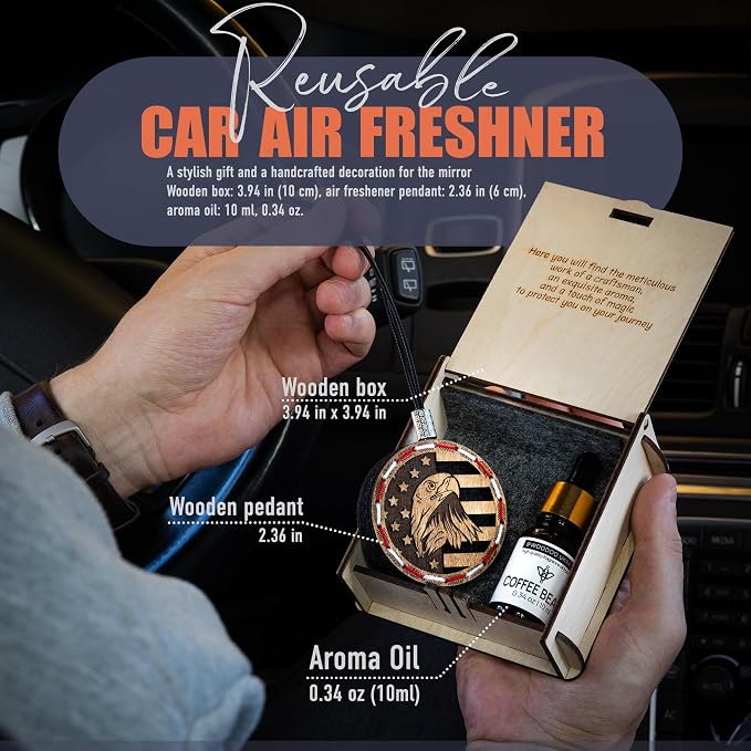 Handmade Wood Car Air Freshener — American Flag Designed Refillable Essential Oil Diffuser — Long Lasting Coffee Beans Fragrance Oil 10 ml — Car Accessories Gift Box