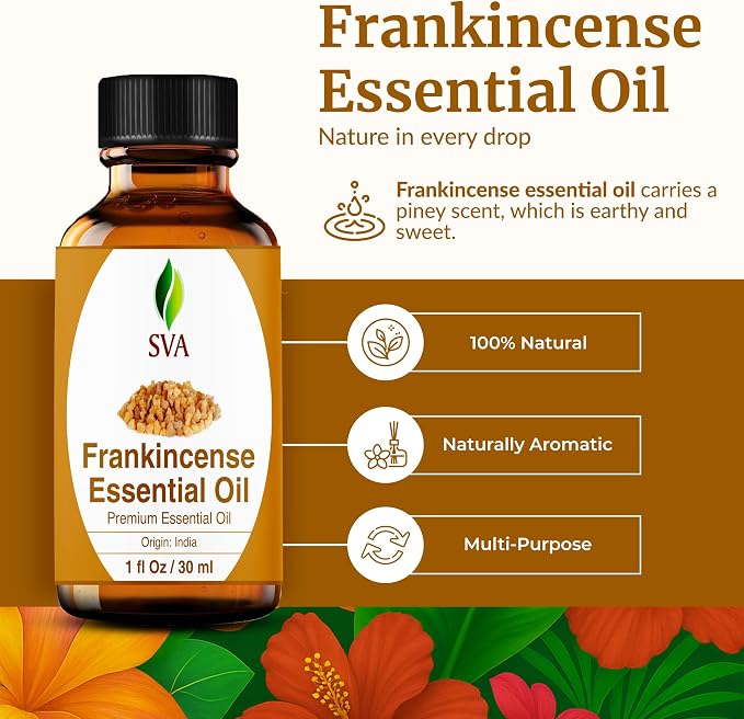 SVA Frankincense Essential Oil – 1 Fl Oz – 100% Natural Boswellia Serrata Oil - for Diffuser, Hair Care, Face, Skin Care, Aromatherapy, Scalp and Body Massage, Soap and Candle Making - with Dropper