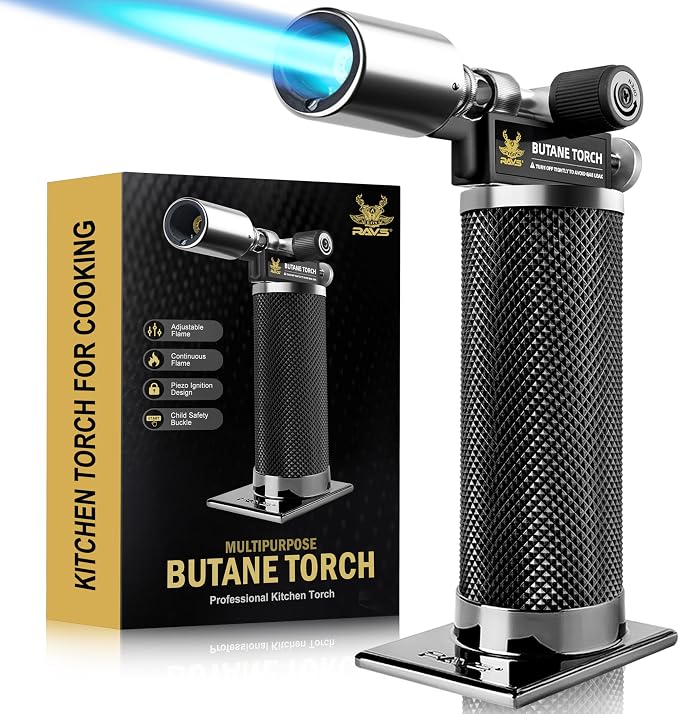 RAVS Butane Torch Lighter, Premium Metal Kitchen Torch with Adjustable Flame & Safety Buckle, Refillable Creme Brulee Torch for Baking, BBQ, DIY, Resin Art, Black, Butane Gas Not Included