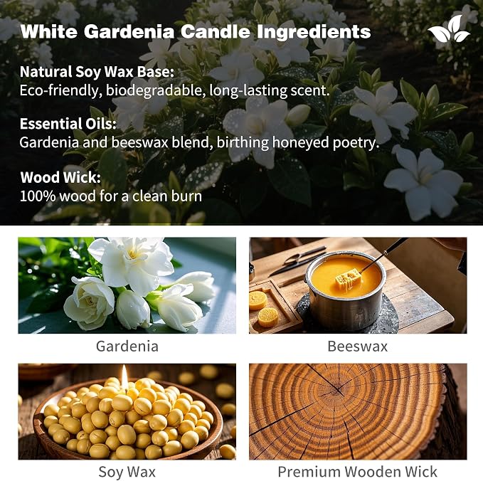 Natural Wood Candle Wick Soy Wax Candle - 19.4oz/550g, Long-Lasting Scented Candle for Sleep & Relaxation, Multi-Color Glass Decorative Jar, Gift for Women (White Gardenia)
