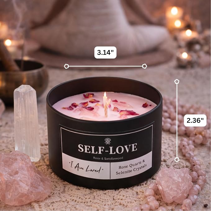 Self-Love Crystal Candle for Meditation and Room Decor, 8oz, Infused with Rose Quartz & Selenite Crystals, Rose & Sandalwood Essential Oil Scented Candles, Soy Wax Blend, Non Toxic Candles