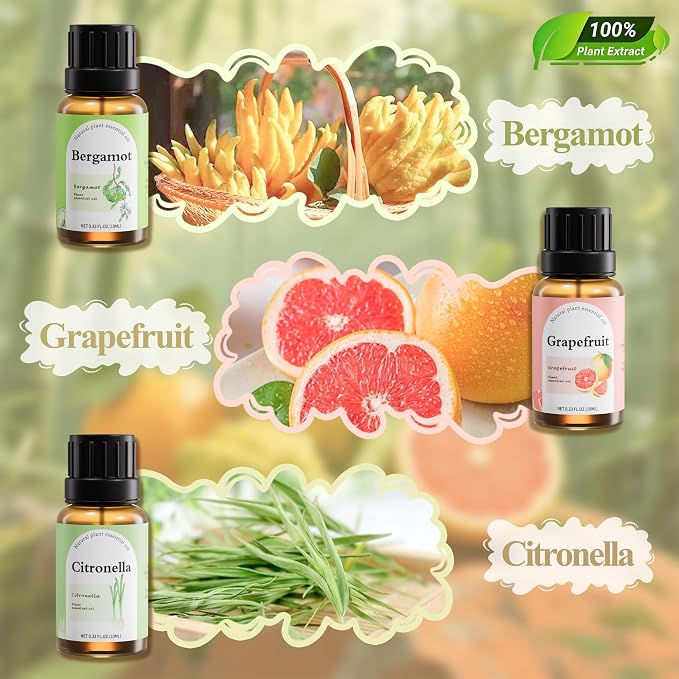 Essential Oils Set for Diffuser, 6 x 10ml Aromatherapy Oils for Home | Scents of Cedarwood, Cinnamon, Citronella, Eucalyptus, Bergamot, Grapefruit Oils for Bedroom, Office & DIY