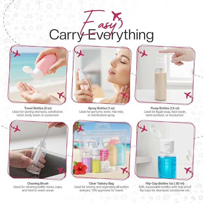 16 Pack Travel Bottles - Travel Essentials for Toiletries - TSA Approved Size - Empty Plastic Bottles with Sticker Sheet, Funnels, Spray Bottle & Carry Bag - For Shampoo, Lotion, Oil & Sanitizer