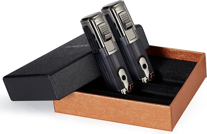 TOMOLO Cigar Lighter Triple Jet Flame Torch Lighter Refillable Butane Lighter with Cigar Punch, 2 Pack, Charcoal