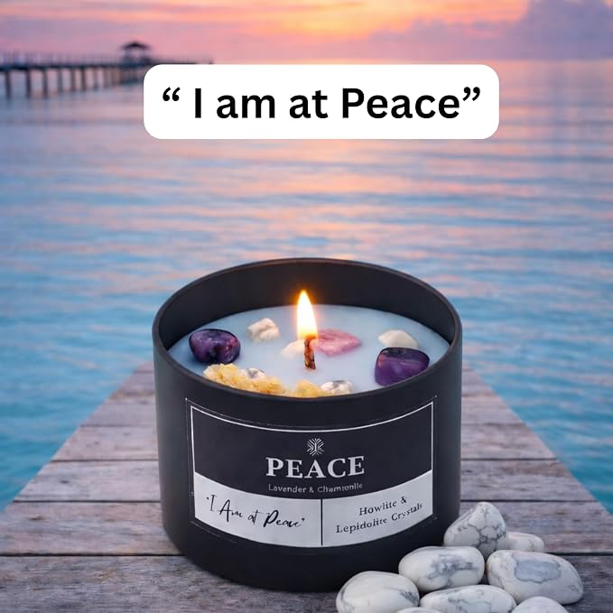 Peace Crystal Candle for Meditation and Room Decor, 8oz, Infused with Howlite & Lepidolite Crystals, Lavender & Chamomile Essential Oil Scented Candles, Non Toxic Soy Wax Blend for Stress Relief