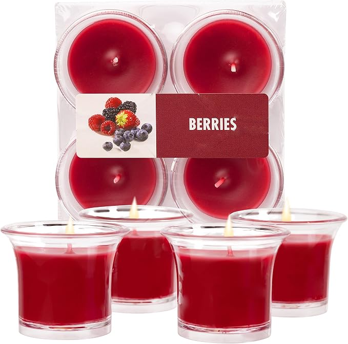HYOOLA Clear Cup Scented Votive Candles - Berries - 12 Hour Burn Time - 4 Pack - European Made
