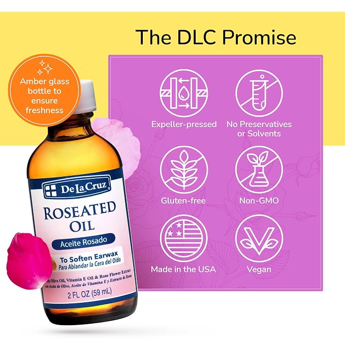 De La Cruz Roseated Oil - Natural Ear Wax Softener Blend with Rose Flower Extract - Ear Wax Aid - Made in the USA - 2 Fl Oz