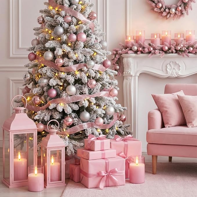Homemory Pink Glass Flameless Candles, Battery Operated LED Pillar Candles with Remote & Timer, Real Wax Flickering Candles, Romantic Decorative Lights for Home Wedding Party, Set of 3