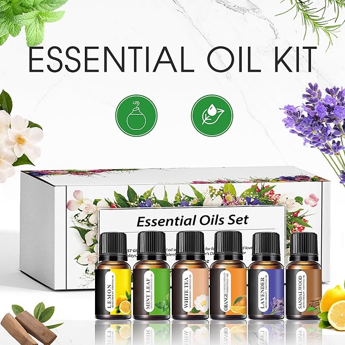 Aromatherapy Essential Oils Kit, 6pcs Pure Scented Oils for Diffuser, Soap, Massage & Home Use - Lavender, Mint, Lemon, Orange, Sandalwood, White Tea