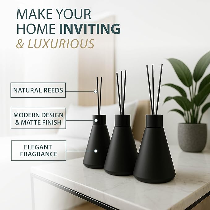 Mega Handles Reed Diffuser Sets (50ml) - 3 Pack White Flower Scent Bathroom Diffuser, Elegant Reed Diffuser for Shelf Decor, Decorative Air Freshener for Large Rooms - Matte Black