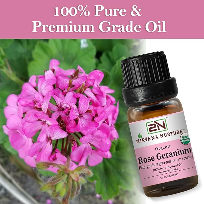 Rose Geranium Essential Oil, USDA Certified Organic, 100% Pure Undiluted, Aromatherapy Oil for Diffuser, Hair & Skin Care