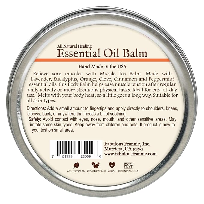 Fabulous Frannie Muscle Ice All Natural Essential Oil Healing Balm Made with Sunflower Oil, Coconut Oil, Shea Butter, Beeswax, Soy Wax, Aloe Vera and Pure Essential Oils 3.5oz Tin