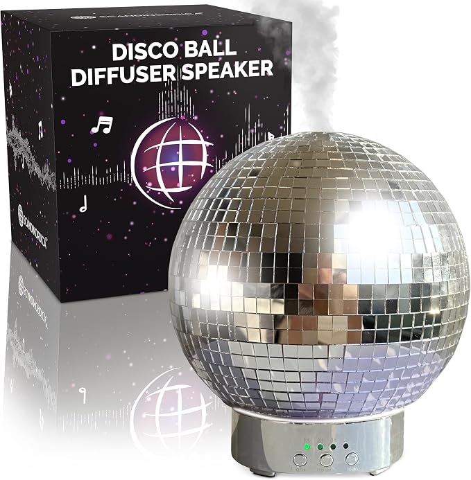 SCANDINORDICA Disco Ball Diffuser Speaker - Large 300 mL Rotating Disco Ball Essential Oil Diffuser with Whisper Quiet Operation, 7 Color LED Night Light & 4 Time Settings | Cute Bluetooth Speaker