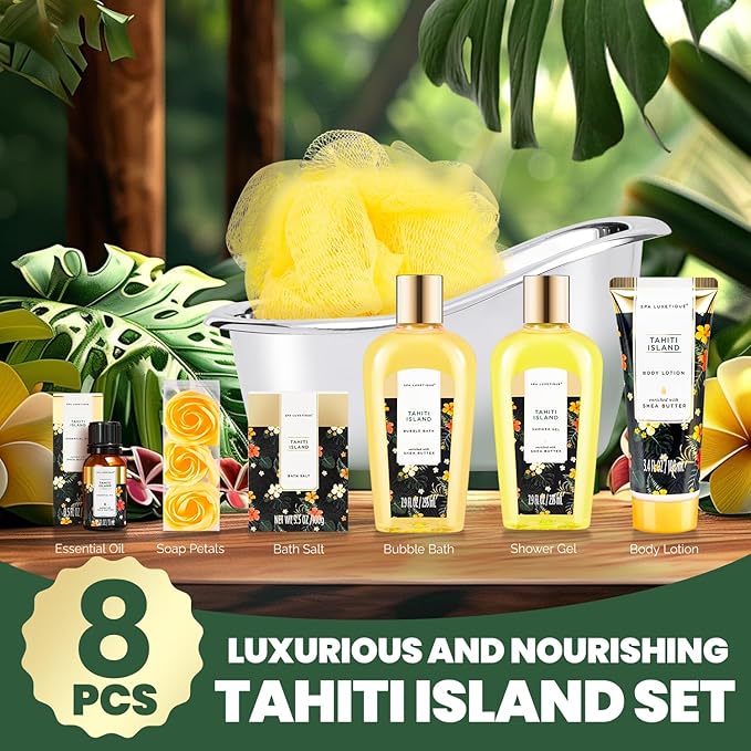 Spa Luxetique Spa Gift Baskets for Women - 8pcs Yellow Gifts for Women, Womens Self Care Kit Includes Body Lotion, Bubble Bath, Bath Sets, Mothers Day Gifts for Mom